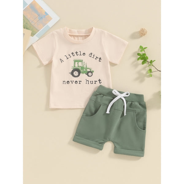 Toddler Kids Boy Shorts Clothing Set 0 6 12 18 24 Months 2T 3T 4T Letter Tractor Print Short Sleeve Round Neck T-Shirt with Solid Shorts 2Pcs Outfit
