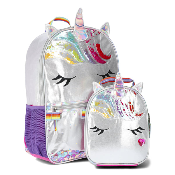 Wonder Nation Critters Mane Event Girls 17" Rainbow Unicorn Backpack and Lunch Bag 2-Piece Set, Silver