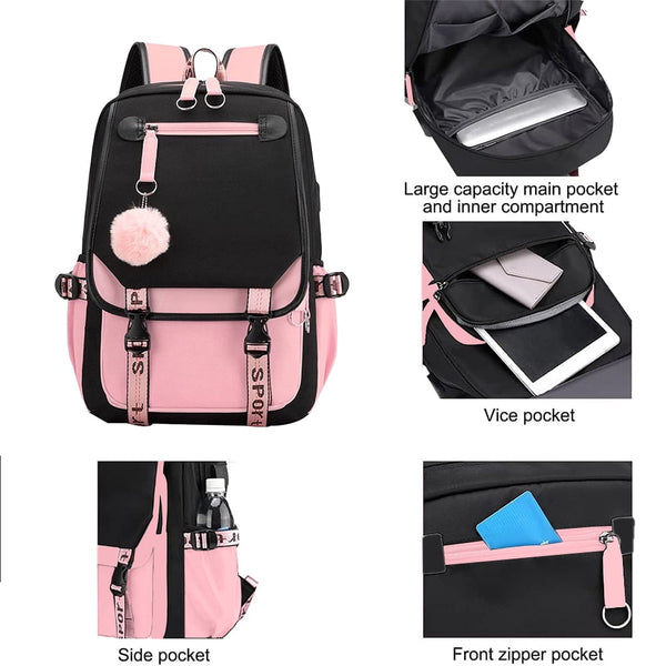 SANMADROLA School Backpack Girls Bookbag, Heavy Duty Kids Backpack 21L Children Schoolbag Bookbag with USB Charge Port
